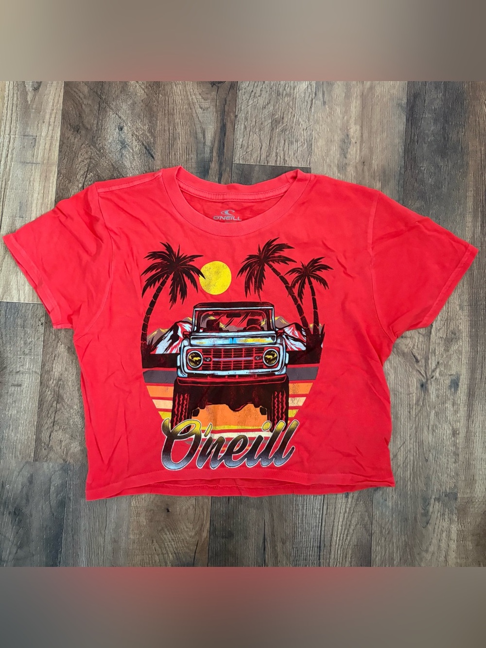 O'Neill Red Short Sleeve Baby Tee with Ford Bronco & Retro tropical Graphic NWOT